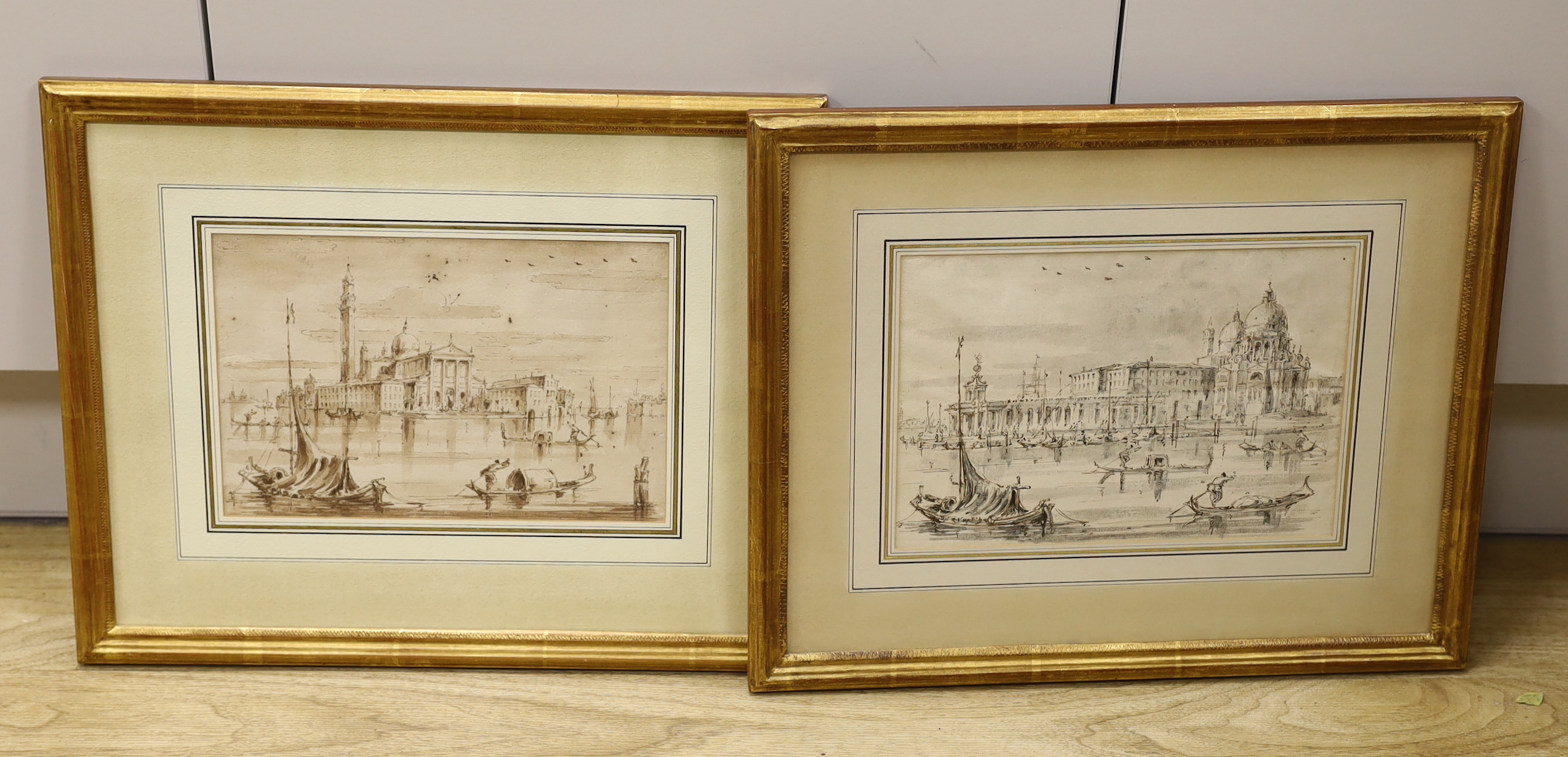 Italian School, pair of monochrome and sepia ink and washes, Venetian canals with gondolas, 18 x 25cm